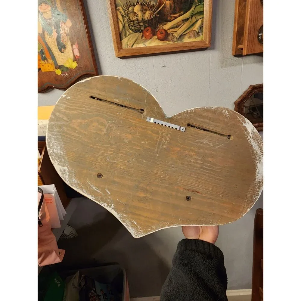 Vintage White Washed Rustic Wood‎ Heart Shelf With Key Hook. 14